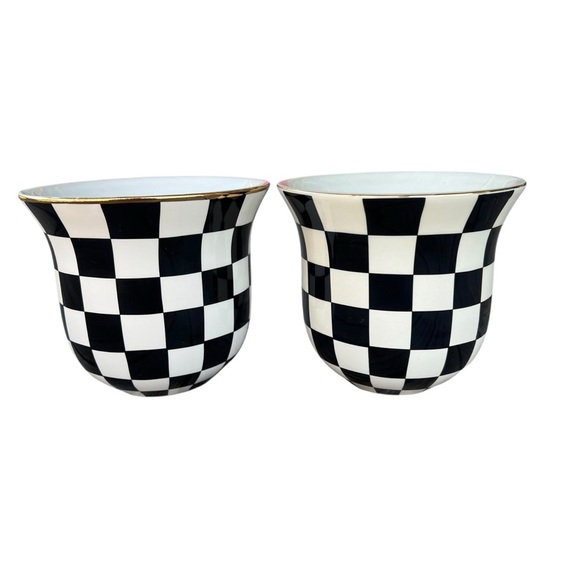 MacKenzie-Childs Courtly Check Black Tie Ceramic Herb Pot Set 4x5 GUC READ - Picture 3 of 11